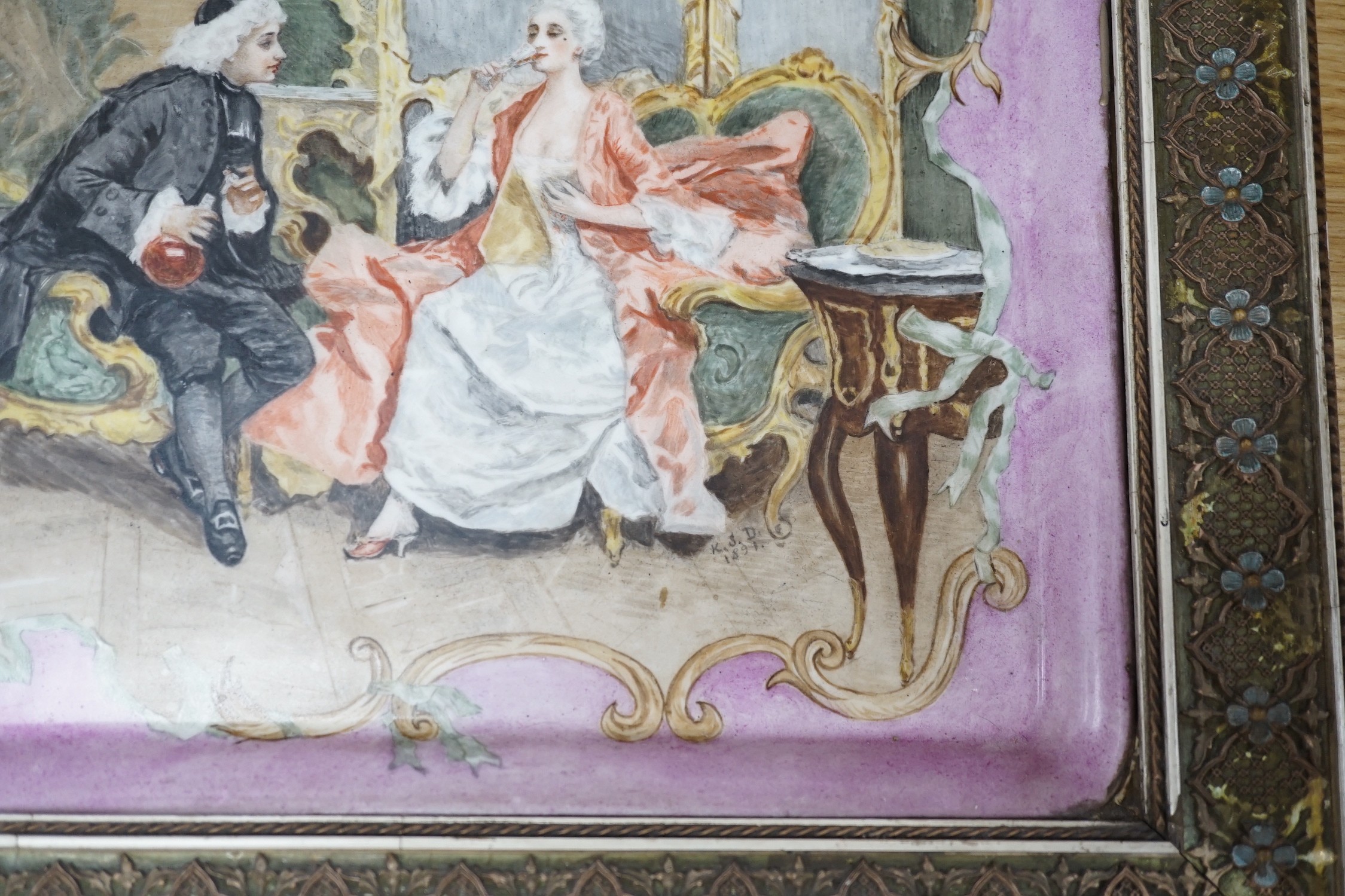 A Continental figure painted porcelain rectangular tray, framed, 35x40cm